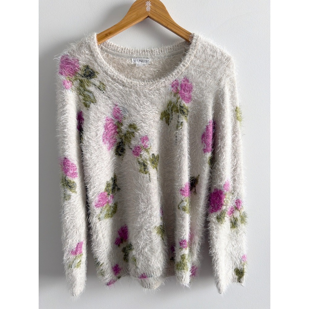 Venus Womens Floral Eyelash Knit Sweater Medium Cream Pink Cottagecore Preppy